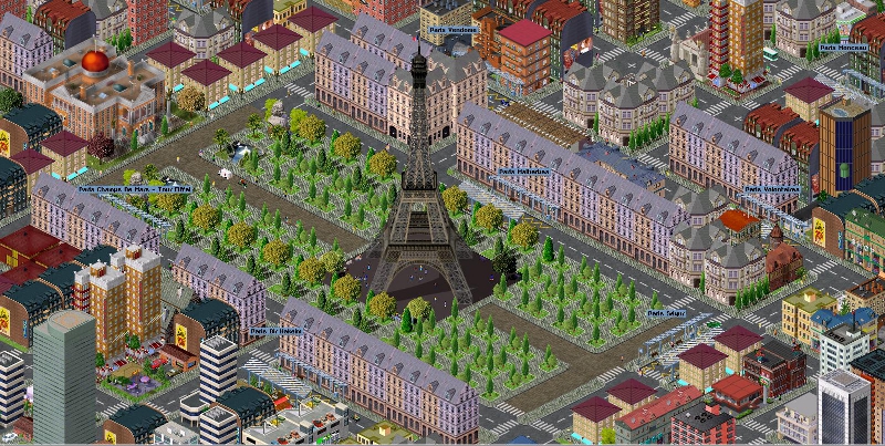 screenshot of Paris in pak128, simutrans